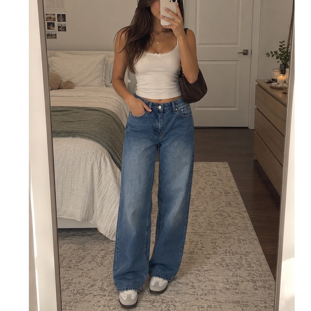 Edikted Mid Rise Wide Leg Baggy Jeans Blue Denim 26 Streetwear Skater Casual